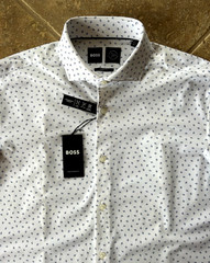 Hugo Boss Max Sharp Fit Performance Dress Shirt 16 34/35 Blue Geo $149 NWT