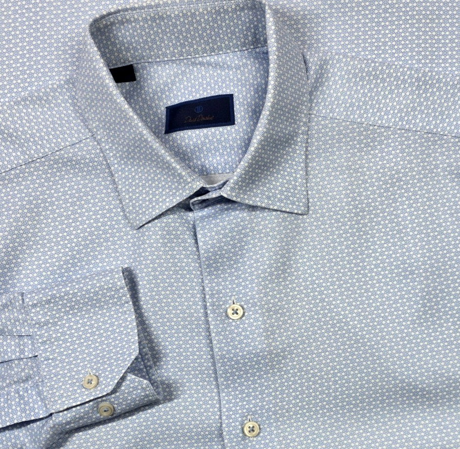 David Donahue Blue Geometric Button Up Dress Shirt Long Sleeve Mens M Cotton