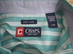Chaps Green & White Striped Button Front SS Easy Care Shirt Size Large Men’s EUC