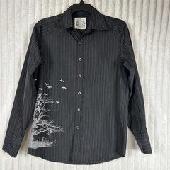 Y2K Red Level Nine Black pinstriped Tree, Bird Graphic button-down Men’s Shirt M