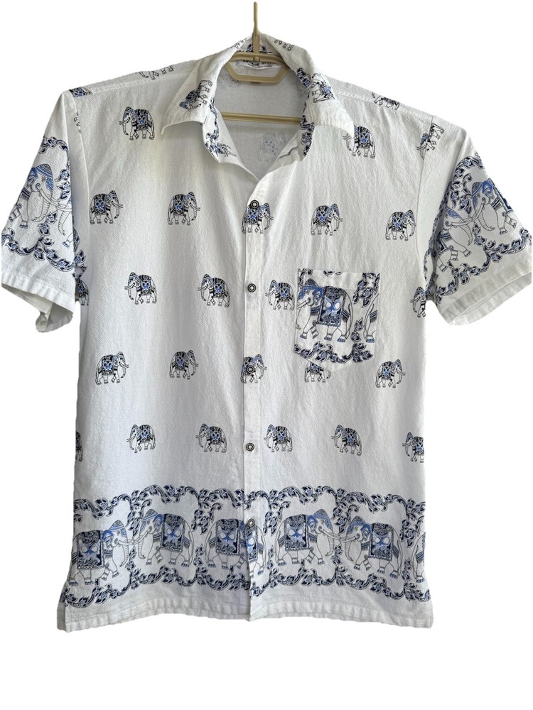 Elephant Print Shirt Men’s Size Medium/ Large White Blue Cotton | Read Desc