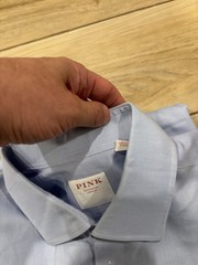 Thomas Pink Herringbone Pattern Solid Blue Dress Shirt Size 17 / 43 Mint
