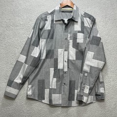 SEAN JOHN Mens Large Gray Geometric Button Shirt Long Sleeve Cotton Modern