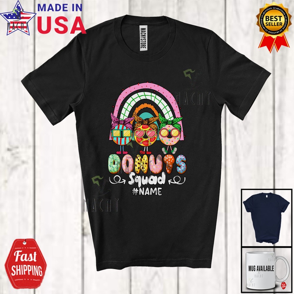 Custom Name Donut Squad; Amusing Leopard Three Donuts Sunglasses; Rainbow Shirt