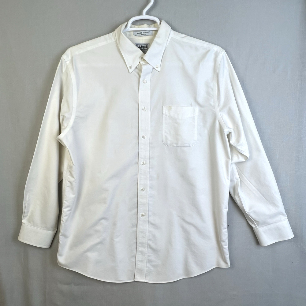 L.L. Bean White Button Down Collar Shirt Men 17 – 34 Wrinkle Resistant Trim Fit