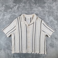 Morse Code Open Crochet Button Shirt Large Striped Nautical Preppy Coastal Airy