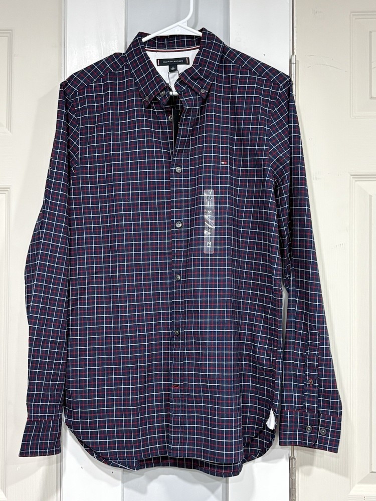 Tommy Hillfiger Men’s Medium Button Down Shirt Navy Red plaid Stretch Cotton