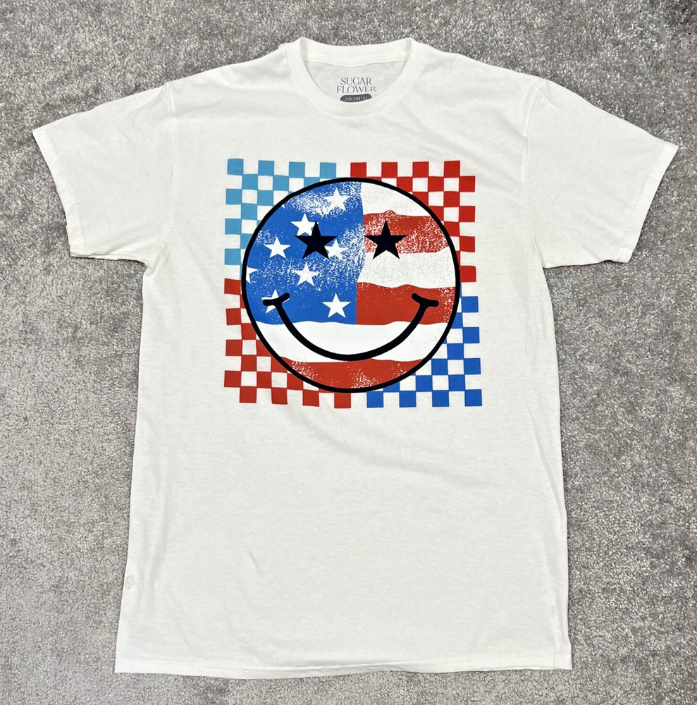 Smiley USA Flag Men’s Size Medium Pullover T-shirt Tee Short Sleeve White