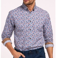 NWT Vustra Men’s Floral Pattern Button-Up Shirt – Blue & Orange Organic Cotton