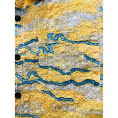 Vatpave Large Reverse Print Button Up Shirt Yellow Textured Short Sleeve Pocket