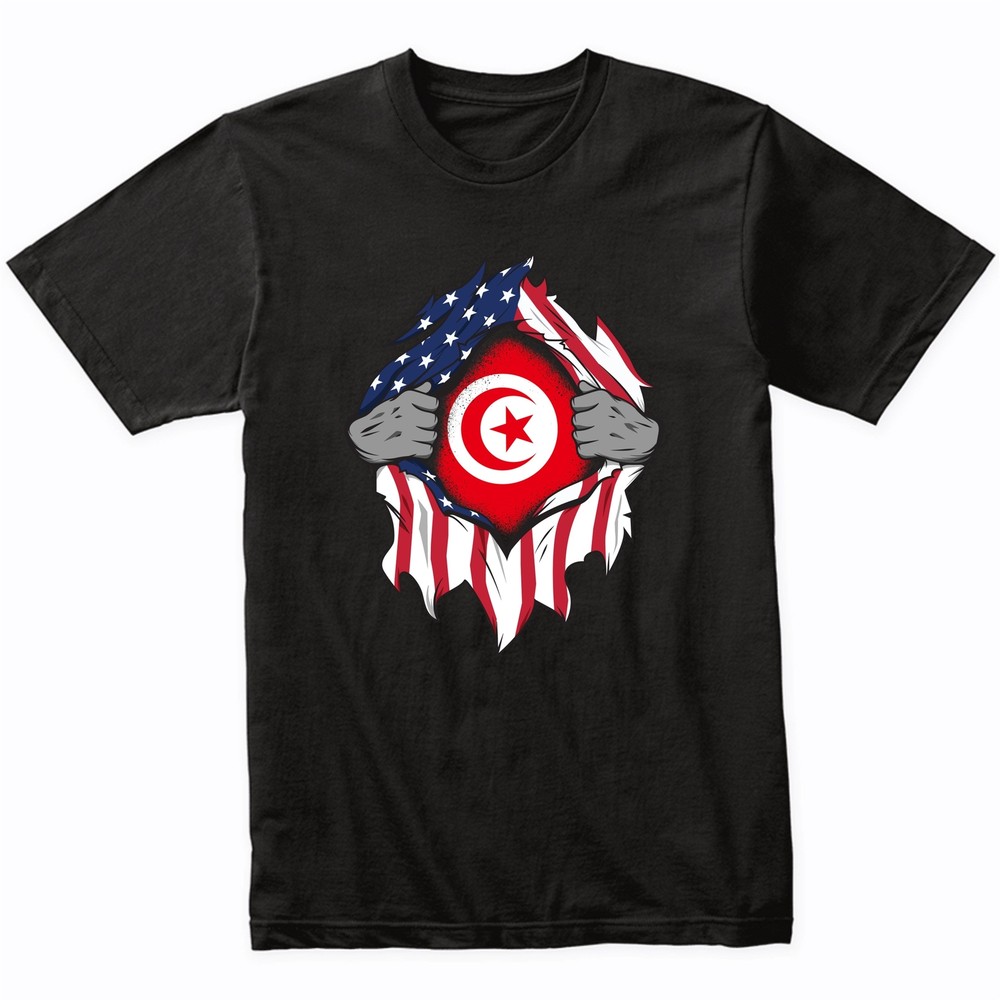 Tunisian American Flags Hands Ripping Flag on Chest T-Shirt – Tunisia Flag Shirt