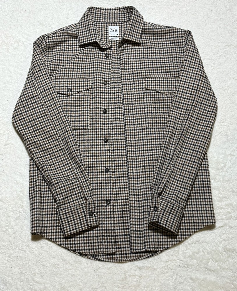 Zara Houndtooth Regular Fit Long Sleeve Button Up Brown Size S RN77302
