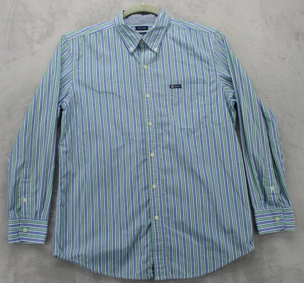 Chaps Button Up Shirt Men’s Medium Blue Green White Stripe Pattern Easy Care