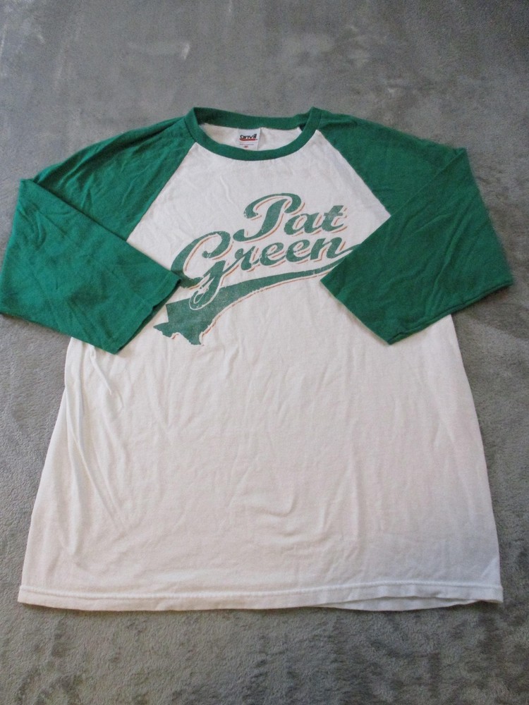 Vintage Pat Green Anvil Shirt Mens Medium White Green Raglan 3/4 Sleeve Baseball