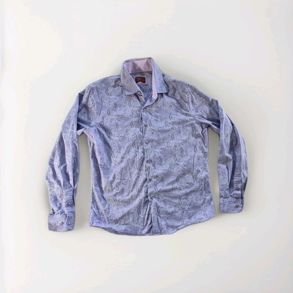 Consequence Slim Fit Flip Cuff Long Sleeve Purple Paisley Dress Shirt Size Large