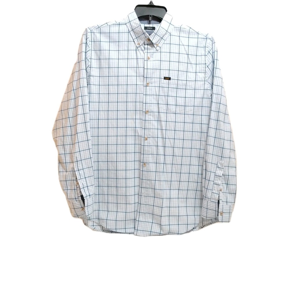 Lee Men’s Medium Stretch Button Down Shirt Blue Windowpane Long Sleeve