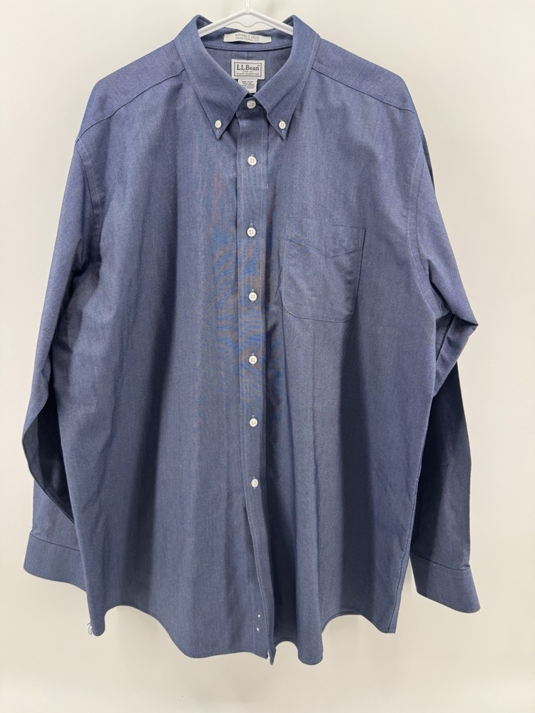 LL Bean 209410 Wrinkle Resistant Button-Down Shirt Long Sleeve 17.5X35 Dark Blue