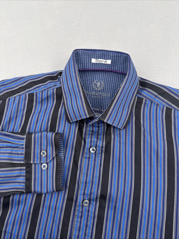 Bugatchi Shaped Fit Long Sleeve Button Down Mens M Blue Striped Flip Cuff