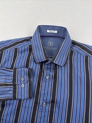 Bugatchi Shaped Fit Long Sleeve Button Down Mens M Blue Striped Flip Cuff