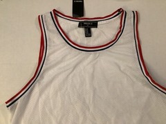 FOREVER 21 MEN Basketball Style Mesh WHITE Ringer Sleeveless Tank Top LARGE L