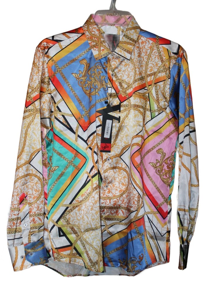 Men’s Vassari Long Sleeve Button Up Baroque Style White Chains and Rope Shirt