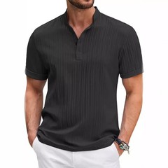 Summer color-block striped patchwork short-sleeved men’s Cuban collar shirt