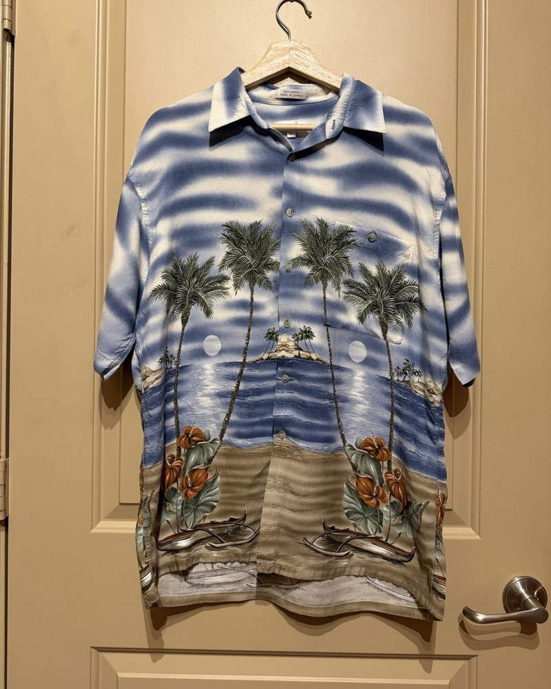 Pierre Cardin Men’s L Blue Hawaiian Tropical Graphic Short Sleeve Rayon Shirt