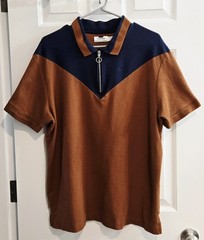 Topman Men’s Colorblock Chevron Polo Shirt Rust Brown Navy Blue Size XXL 1/4 Zip