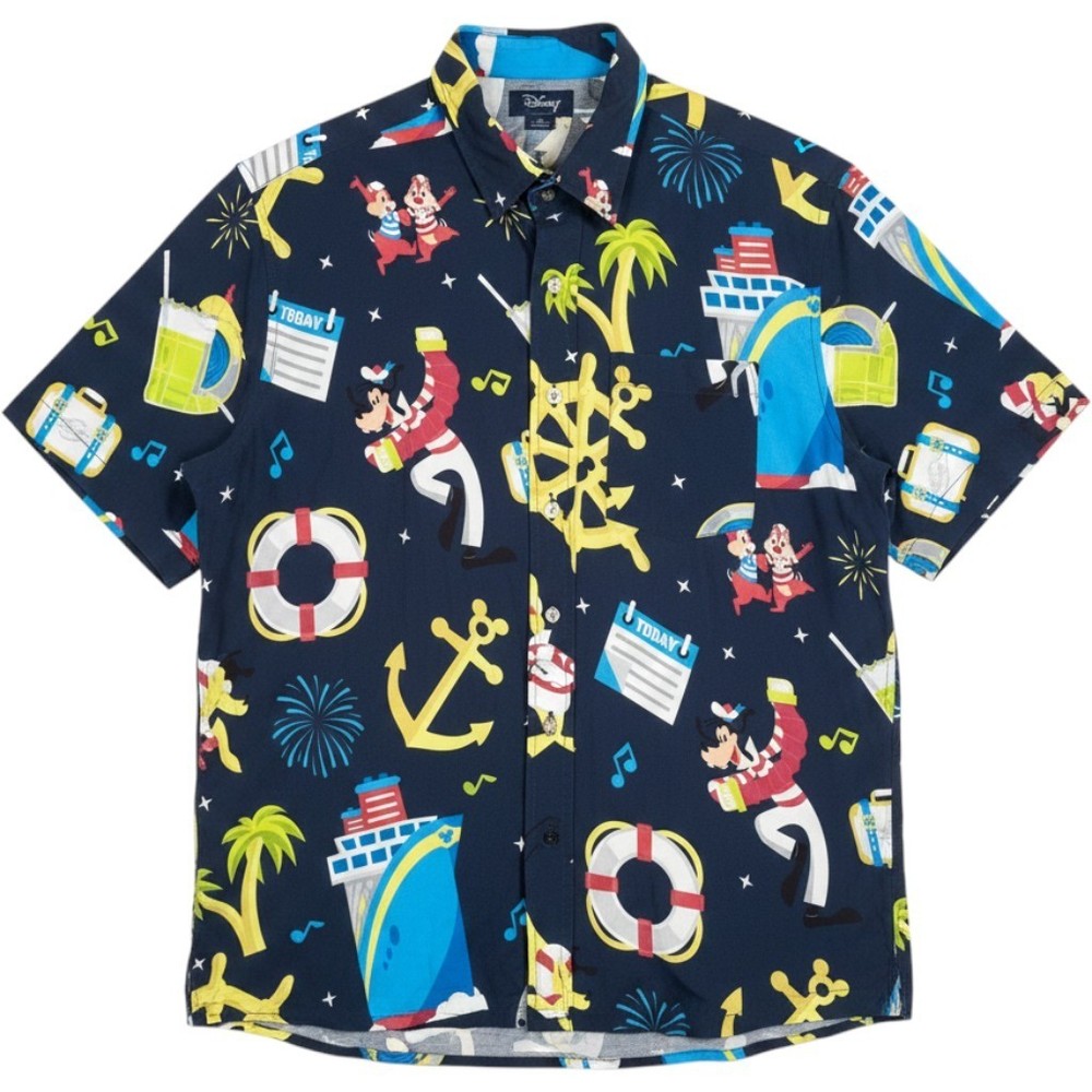Disney Cruise Line Mens Medium Button Down Shirt Mickey Goofy Nautical Navy Blue