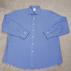 Brooks Brothers Shirt Men 16.5 34 Blue White Gingham Regular Non-Iron Stretch