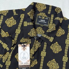 MBX Premium Goods Men L 100% Viscose SS Shirt Black Gold Luxury Baroque