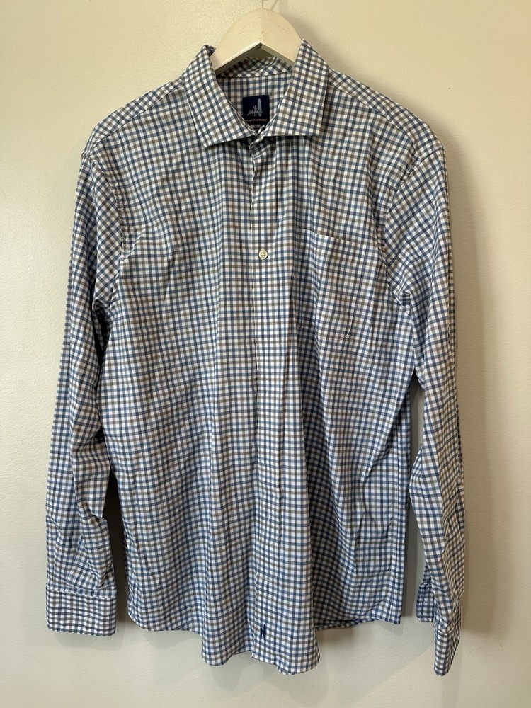 JOHNNIE-O Prep-Formance Performance Nylon Viscose Stretch Blue/grey Plaid Sz L