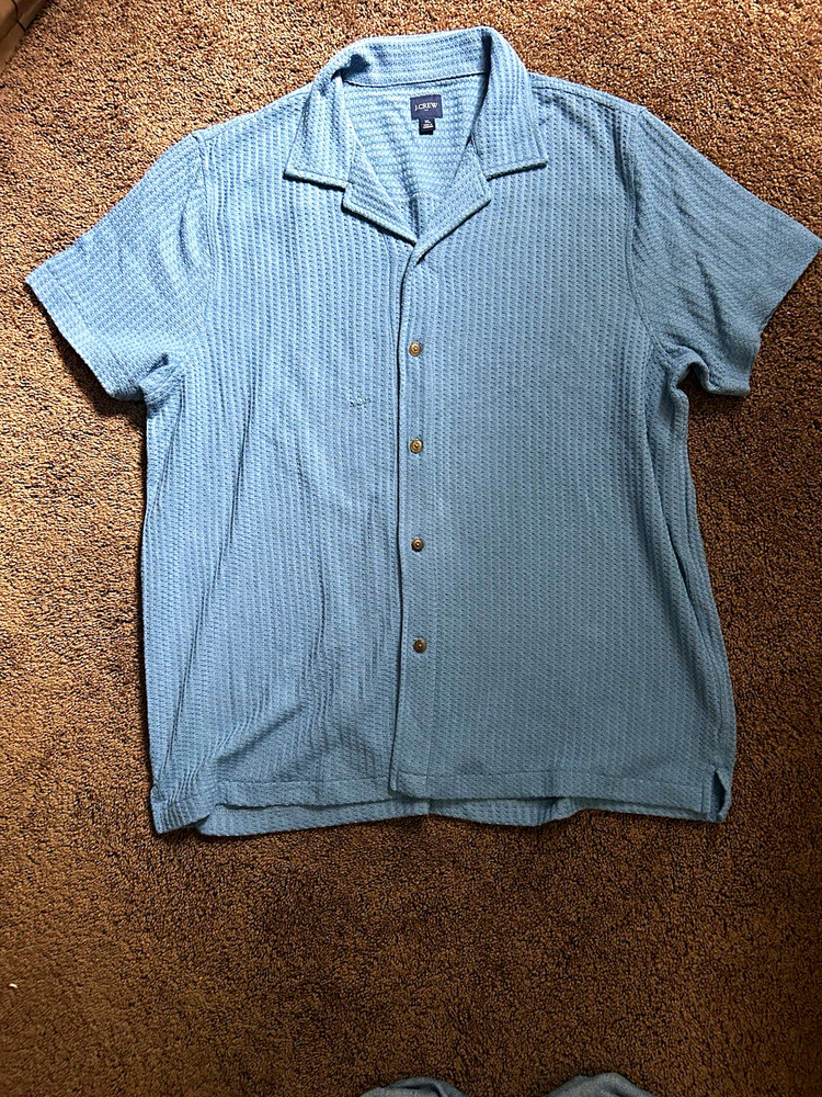 J.CREW Blue Solid Knit Button-Up Shirt Short Sleeve Spread Collar XL