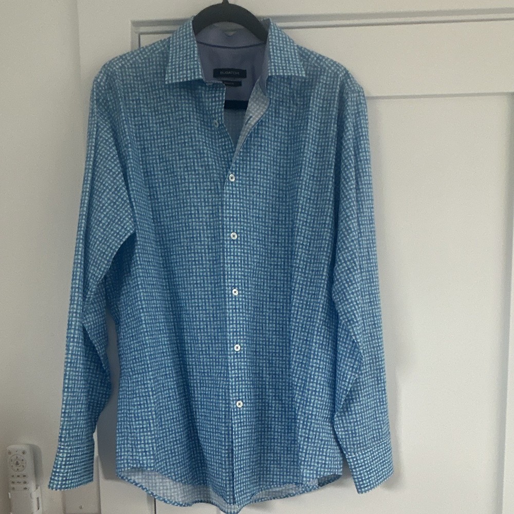 BUGATCHI Classic Fit Blue/White Check Dress Shirt M 100% Cotton