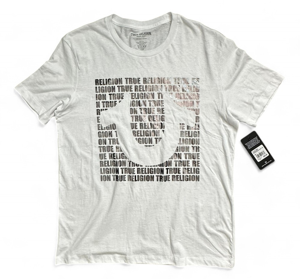 NWT True Religion Brand Script All Over Silver Foil Graphic White Shirt Size L