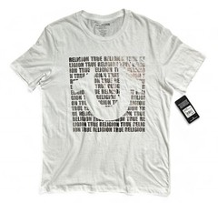 NWT True Religion Brand Script All Over Silver Foil Graphic White Shirt Size L