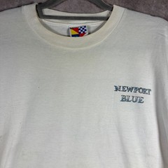 Vintage Newport Blue T-Shirt Mens XL White Graphic Boat Nautical 90s STAINED