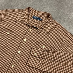 Polo Ralph Lauren Shirt Mens XL Chin Strap Workshirt Brown Twill Plaid Pockets