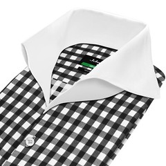 Black White Gingham Checks High Open Extreme Cutaway Collar Buttonless Men Shirt