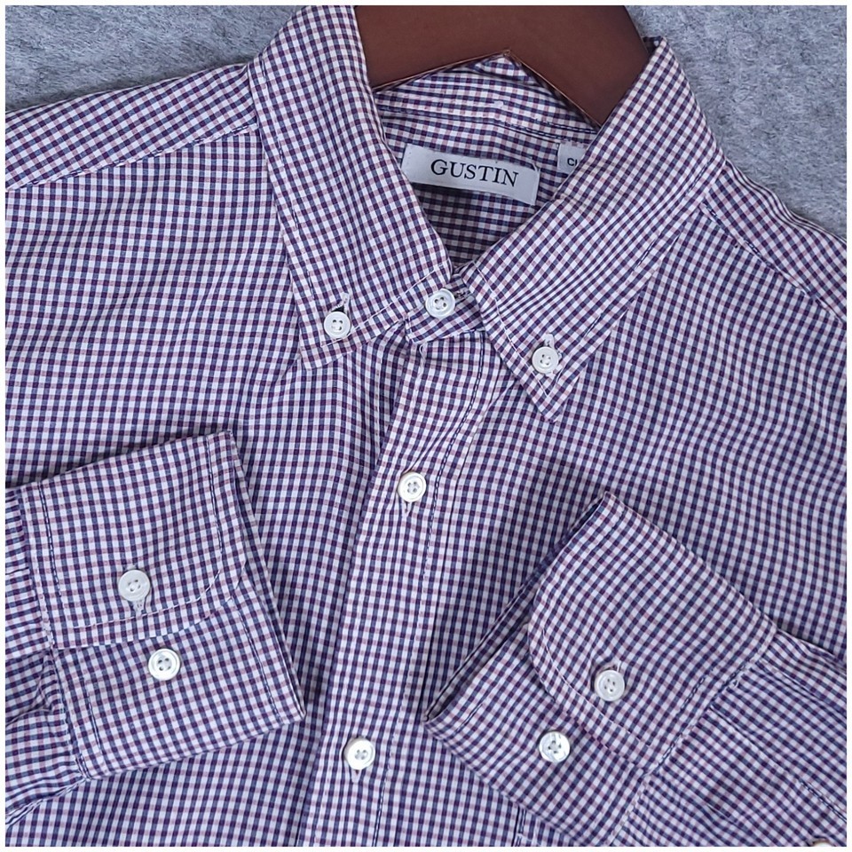 Gustin Purple Gingham Cotton Button Down Shirt Large USA Made Classic Fit