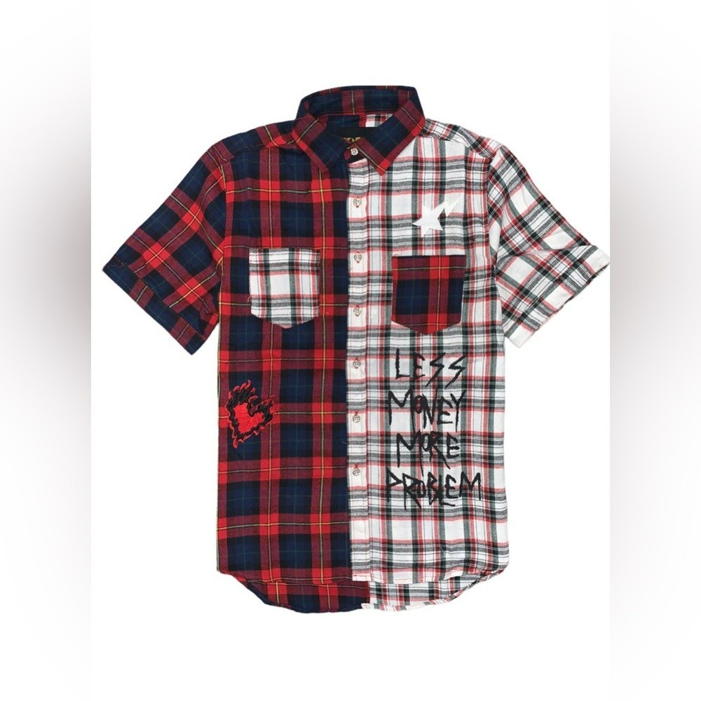KLEEP Men’s Flannel/Twill Split Graphic Button Down Shirt Size M