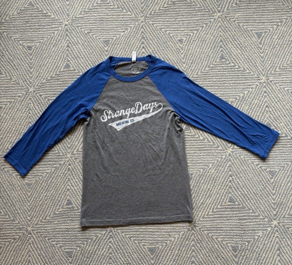 Strange Days Brewing Co Baseball 3/4 Length Sleeve T-Shirt – Gray/Blue – Small