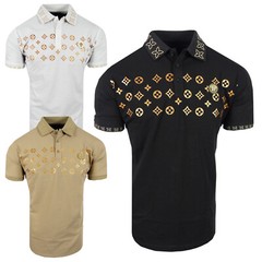 Polo Shirt Mens Luxury Italian Shiny Gold Prints Logo Slim Fit Stretch Casual