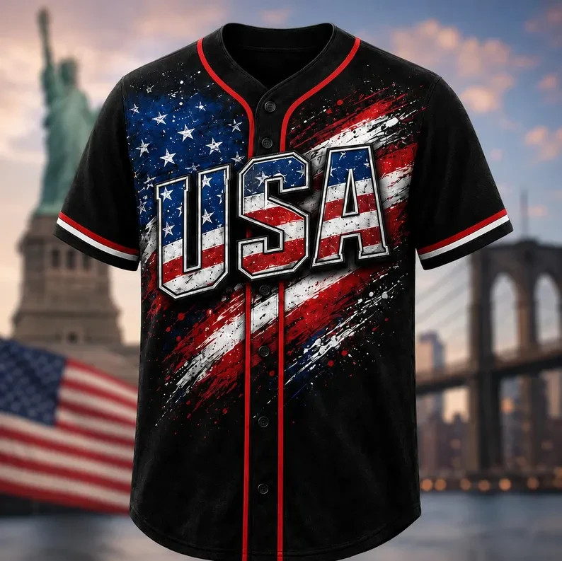 USA Flag Paint Splatter Black Baseball Jersey, American Pride Button Down Shirt