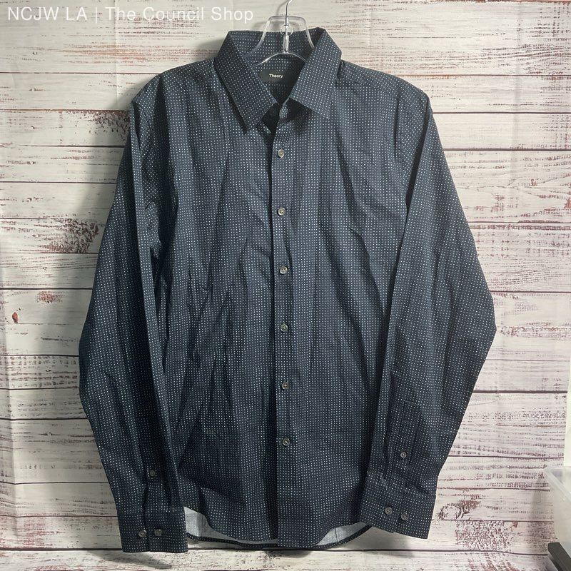 NWT Theory Sylvain Eclipse/Olympic Navy Graphic Print Button Up Shirt – Size S