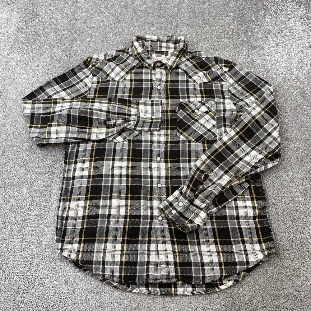 Levi’s Button Up Shirt Men’s Medium Black Gray Yellow Plaid Casual Cotton