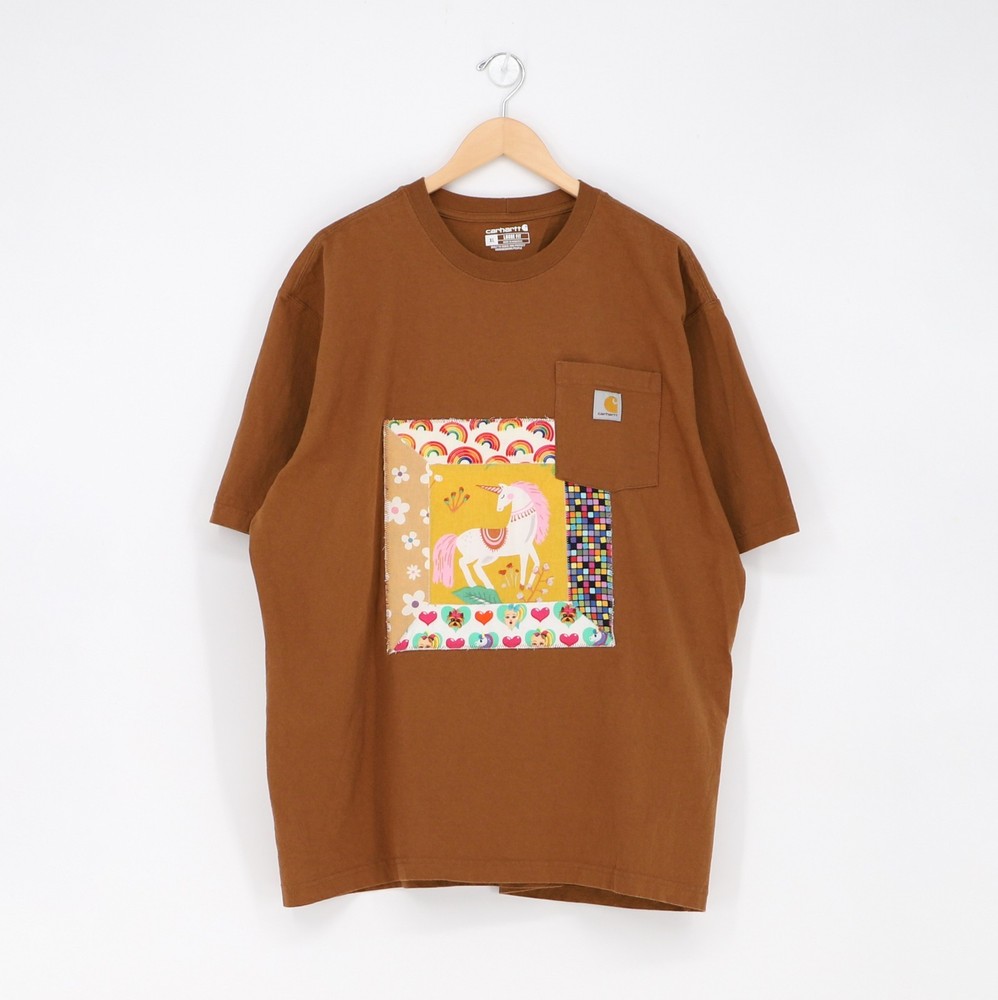 Upcycled Reworked Quilted Patchwork Unicorn Short Sleeve T-Shirt in Brown