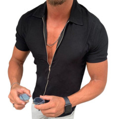 Men Zip Up Short Sleeve V-Neck T-Shirt Plain Lapel Shirt Casual Slim Fit Tops