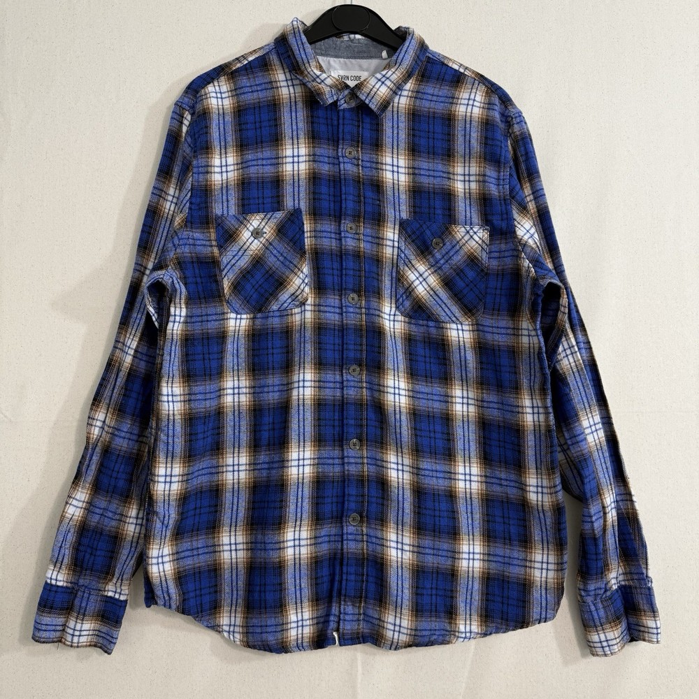 SVRN Sovereign Code Mens Shirt Medium Blue Plaid Flannel Button Up
