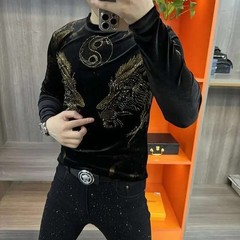 Luxury Men Fashion Lion Golden Velvet Rhinestone Diamond Long Sleeve T-Shirt